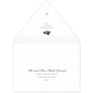 White envelope, serif block return address centered on the back flap, purple watercolor orchid flourish and small ceci new york logo.