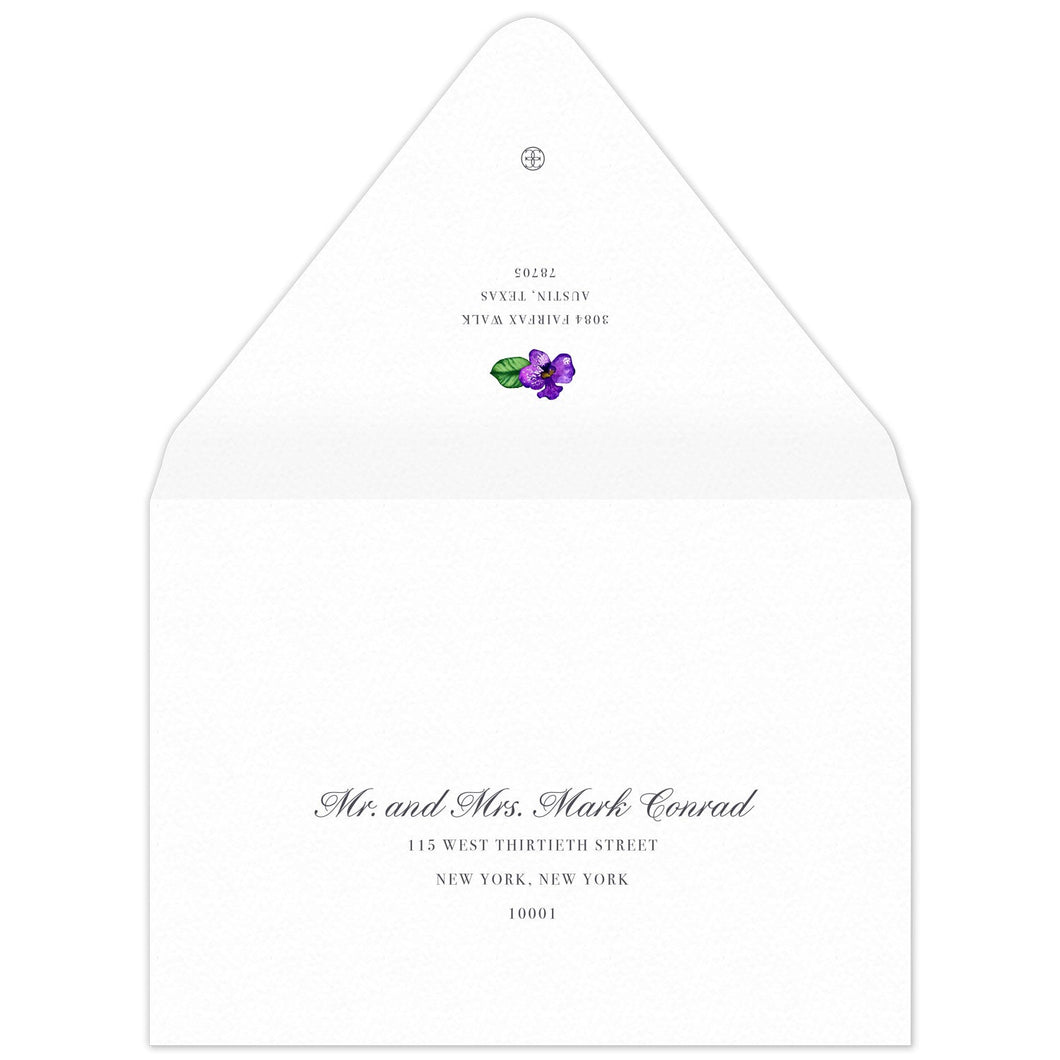 White envelope, serif block return address centered on the back flap, purple watercolor orchid flourish and small ceci new york logo.