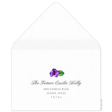 Load image into Gallery viewer, White reply envelope, script and block return address centered on the page, small watercolor orchid flourish