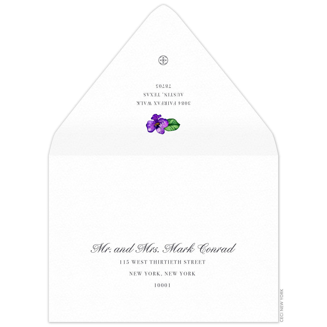 White envelope, serif block return address centered on the back flap, purple watercolor orchid flourish and small ceci new york logo.