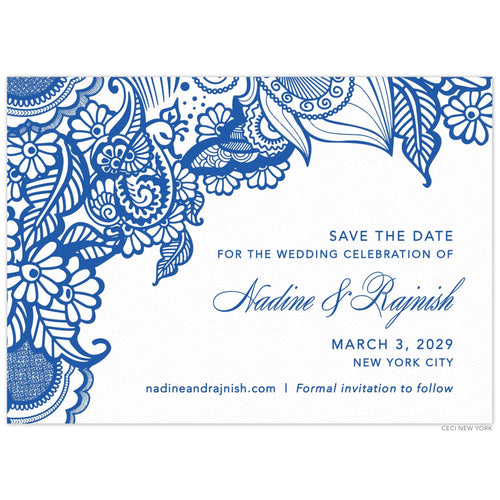 Floral, leaves and henna patterns on the top of the card and draping down the left side in blue. Block and script right aligned copy.