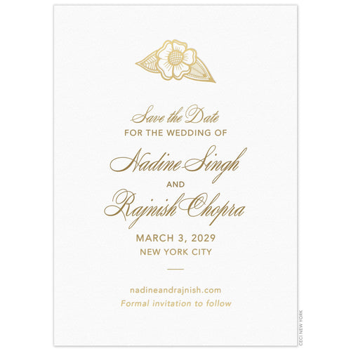 Gold flower motif at the top of a white card. Gold script and block copy centered on the card under the flower.