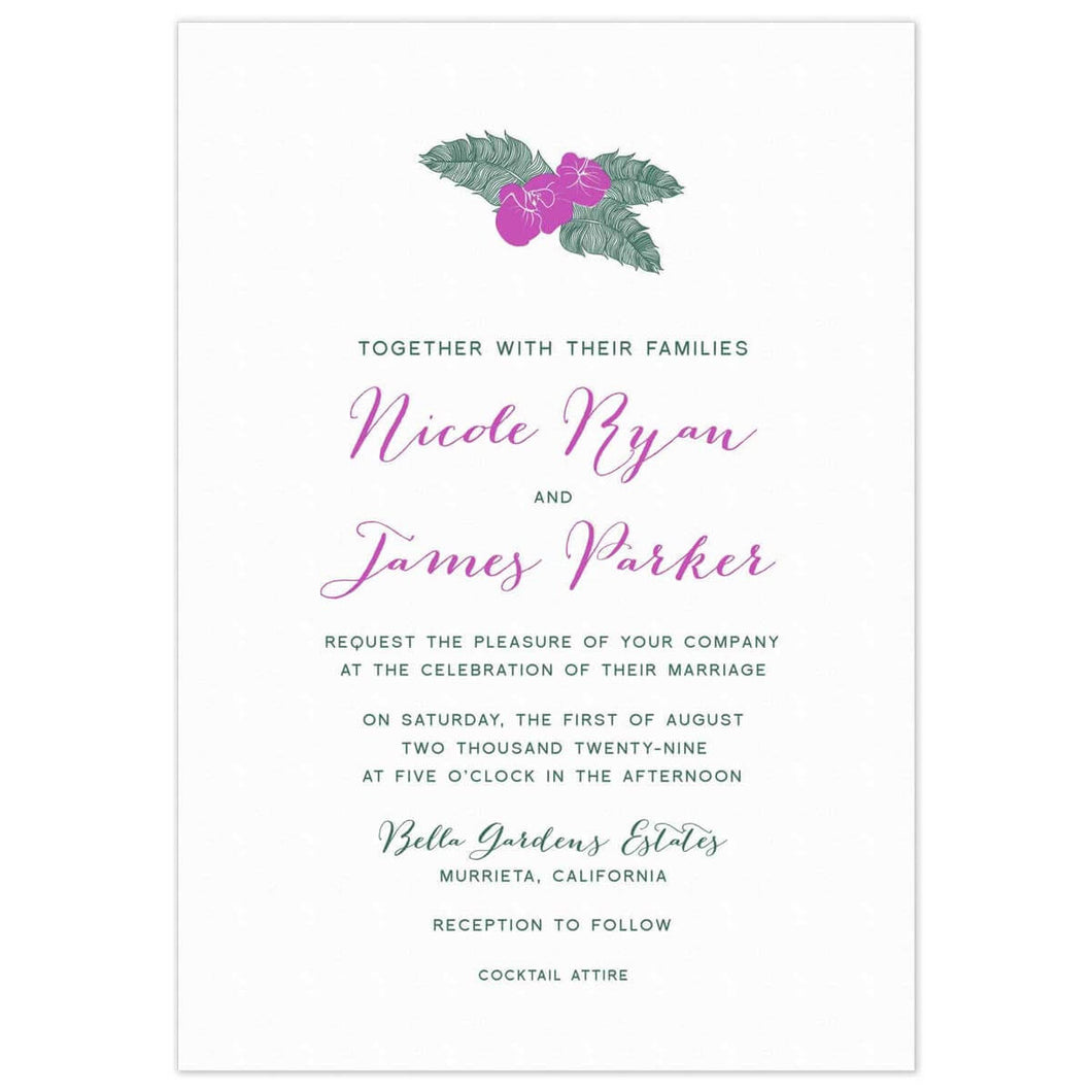 Purple and green orchid and leaf motif at the top of a white card. Block and script font centered on the page in the same colors.