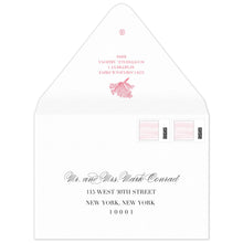 Load image into Gallery viewer, White envelope with a coral motif and block return address on the flap. Scrip and block address on the front.