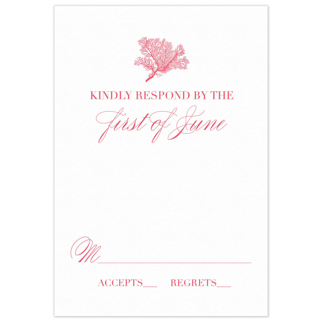 Small coral motif, block and script copy centered on the reply card in coral.