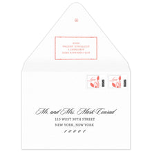 Load image into Gallery viewer, White envelope with coral bamboo rectangle holding return address. Script and block font on the front of the envelope.