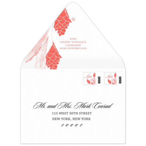 White envelope with coral ginger plant and block font on the back flap. Black script and block copy on the front of the envelope.