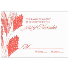 Load image into Gallery viewer, Coral color ginger plant on the left side of the reply card, block and script copy left aligned to the side of the ginger.