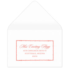 Load image into Gallery viewer, Bamboo rectangle holding block and script coral return address on a white envelope.