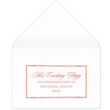 Load image into Gallery viewer, Bamboo rectangle holding block and script coral return address on a white envelope.