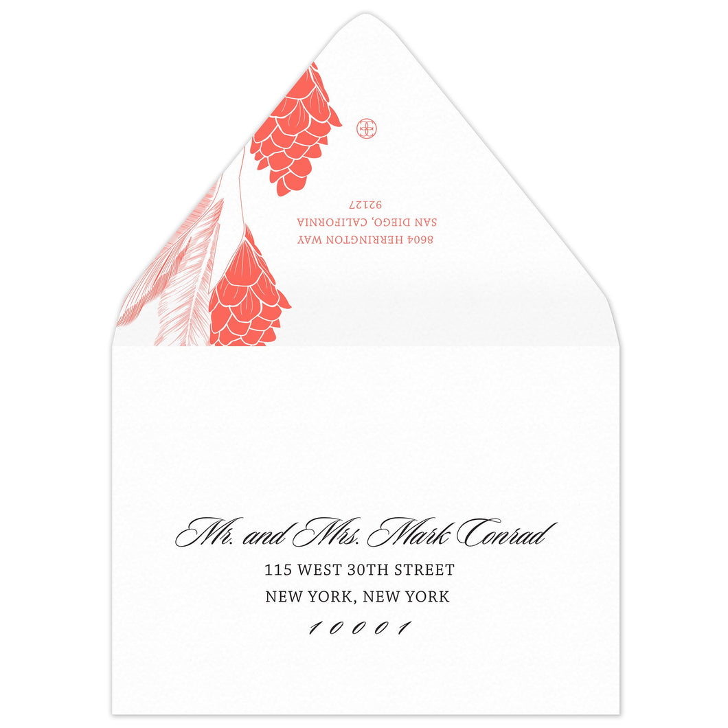 White envelope with coral ginger plant and block font on the back flap. Black script and block copy on the front of the envelope.