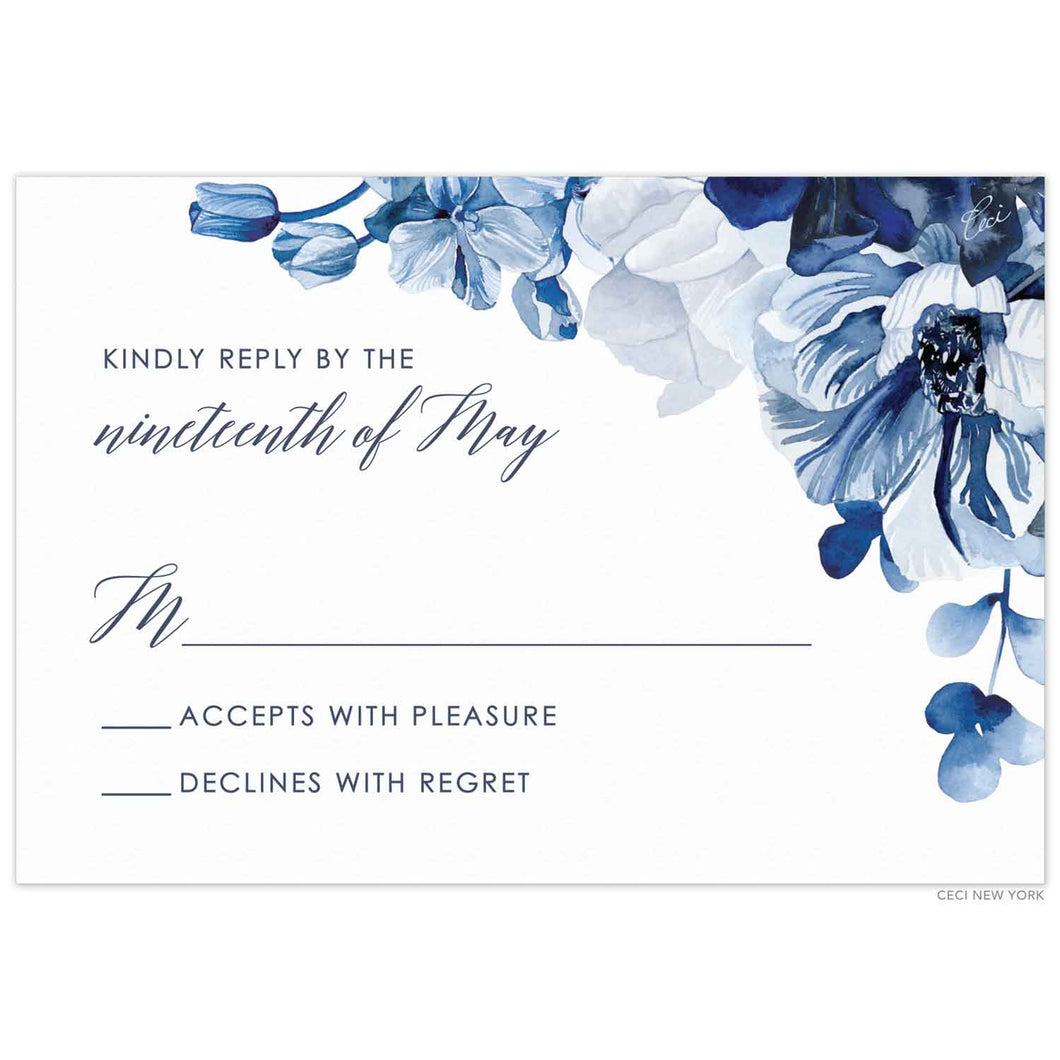 white horizontal card with blue watercolor florals cascading along the top right corner