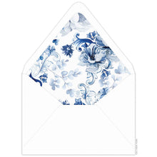 Load image into Gallery viewer, invitation envelope with a vibrant blue watercolor floral design within the liner