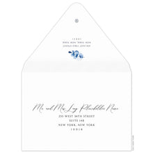 Load image into Gallery viewer, white envelope with blue watercolor leaf embellishment. black script for the name and block font for the address