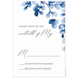 white reply card with blue watecolor leaves in the top right corner. blue script font