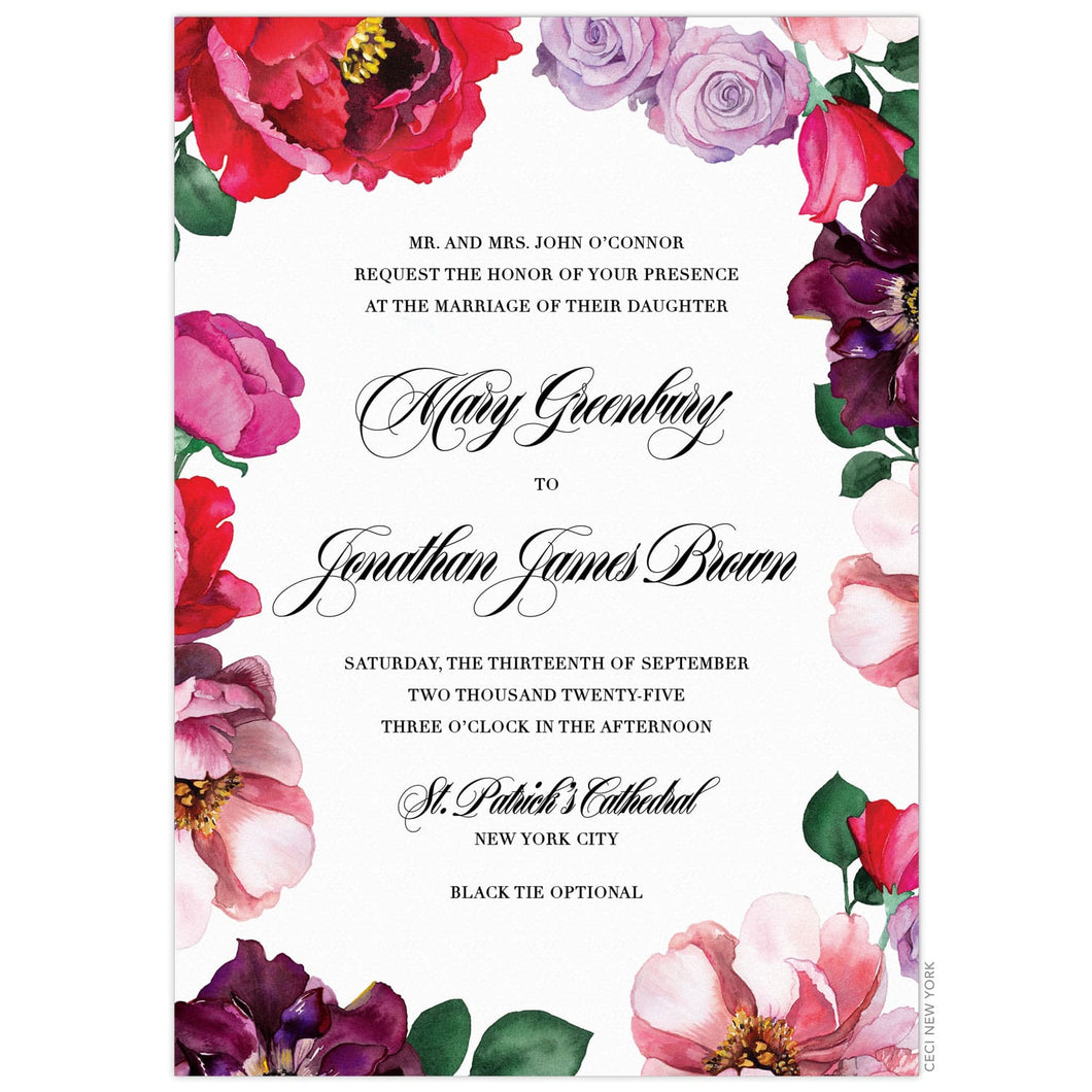 Red, maroon, purple and blush watercolor floral border. Black block and script font centered on the white card.