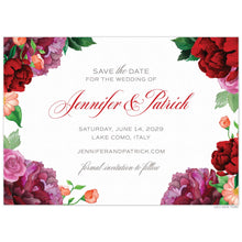 Load image into Gallery viewer, A white save the date with watercolor pink and red colored flowers on the corners and right and left sides. Red script with grey block font centered on the card.