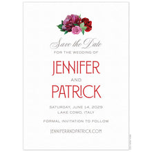 Load image into Gallery viewer, White card with small red, pink floral motif at the top of the card. Grey script and block fonts centered on the page. Large red names on the card.