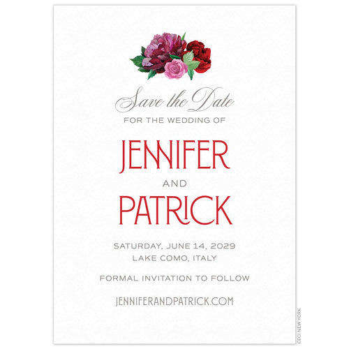 White card with small red, pink floral motif at the top of the card. Grey script and block fonts centered on the page. Large red names on the card.