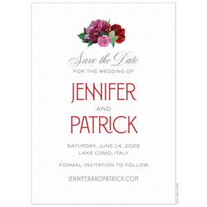 White card with small red, pink floral motif at the top of the card. Grey script and block fonts centered on the page. Large red names on the card.