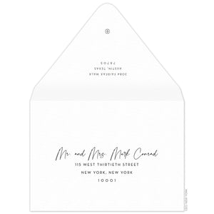 White envelope with grey return address and small ceci logo on the back flap. Script and block copy on the front of the envelope.