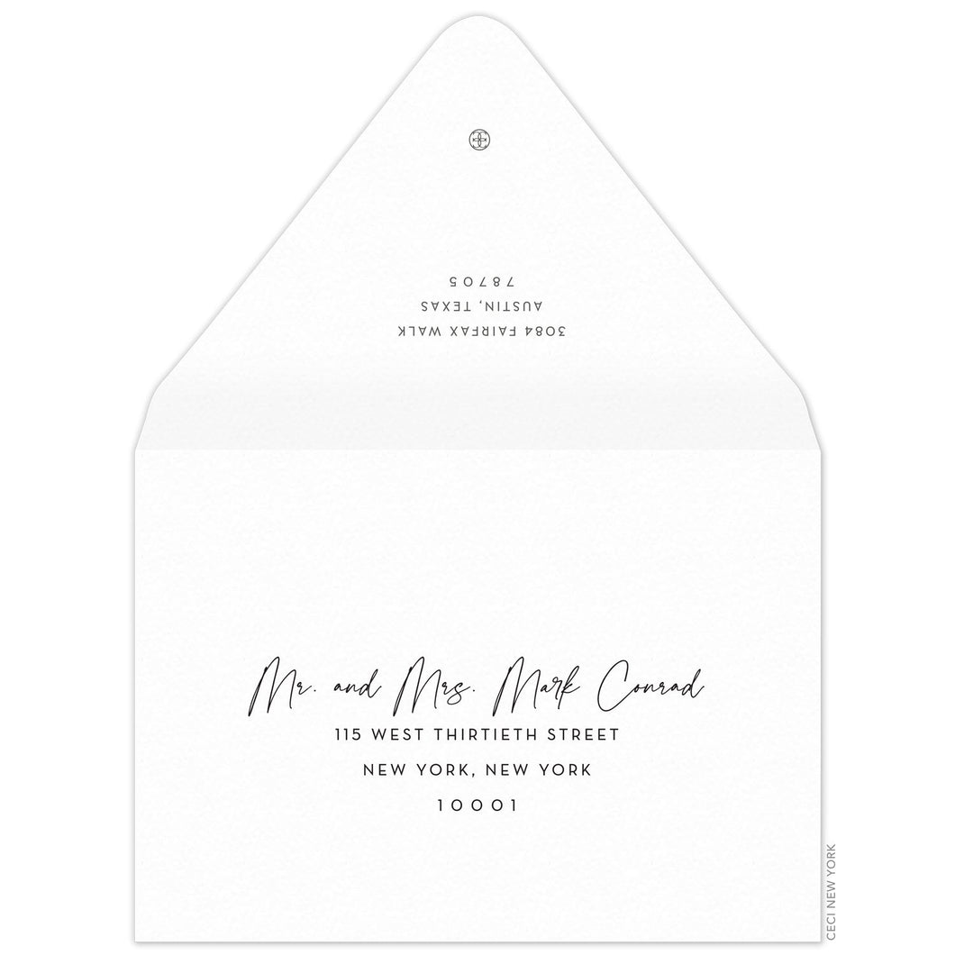 White envelope with grey return address and small ceci logo on the back flap. Script and block copy on the front of the envelope.