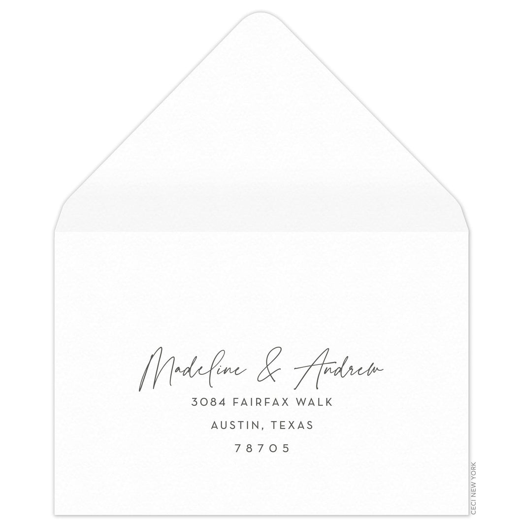White reply envelope with script and block return address centered on the front of the envelope.