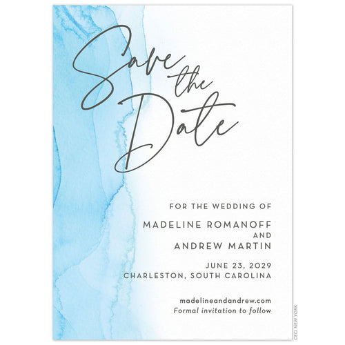 Ombre watercolor left side with large script grey save the date wording. Right aligned block copy.