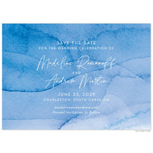 Load image into Gallery viewer, Watercolor ombre blue wash on the whole card. White script and block text centered on the page.