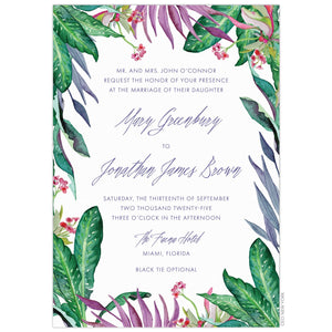 Shades of green, purple, and pops of pink watercolor tropical leaves on the border of the white card. Purple san serif font and handwritten script centered on the page.
