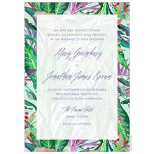 Load image into Gallery viewer, Bright green, purple, mint and pops of pink watercolor tropical background. Sheer white box centered on the page holding san serif and handwritten script font centered on the page.