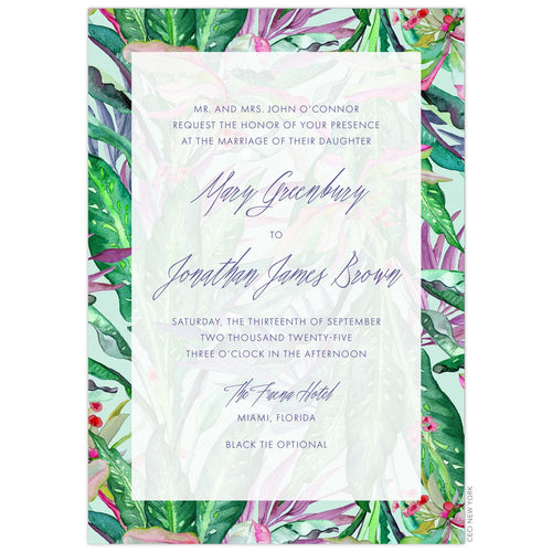 Bright green, purple, mint and pops of pink watercolor tropical background. Sheer white box centered on the page holding san serif and handwritten script font centered on the page.