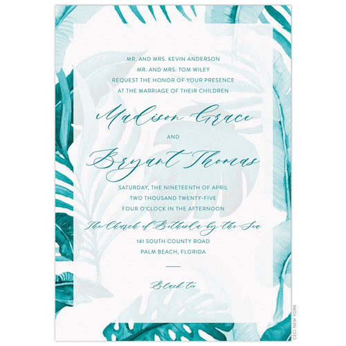 Turquoise watercolor palm leaves on the background of the card. White sheer box holding turquoise san serif and script centered on the page.