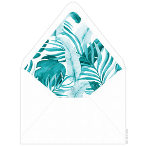 Large watercolor palm leaves in turquoise. Small Ceci logo towards the bottom of the liner. 