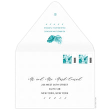 Load image into Gallery viewer, Turquoise watercolor palm leaves on top of return address on back flap of a white envelope. Script and block address on the front of the envelope.