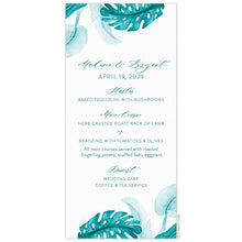 Load image into Gallery viewer, Turquoise, watercolor palm leaves on the top left corner and the bottom right corner. Turquoise san serif and script menu copy centered between the palm fronds.