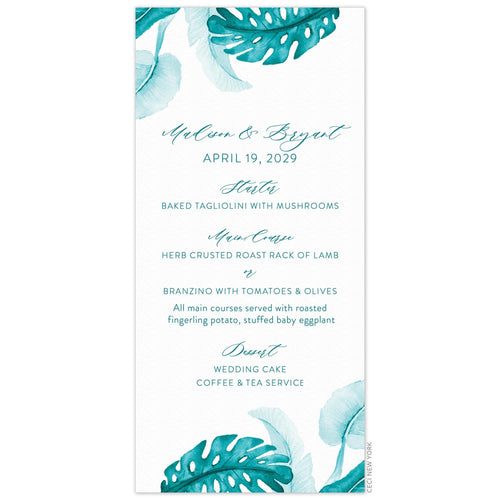 Turquoise, watercolor palm leaves on the top left corner and the bottom right corner. Turquoise san serif and script menu copy centered between the palm fronds.