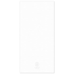 White blank back of menu with a gray Ceci New York circle logo at the bottom.