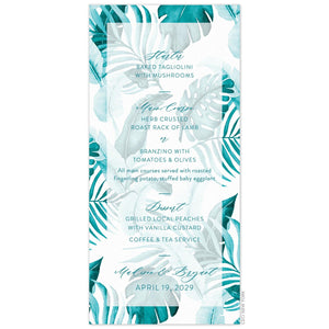 Turquoise, watercolor palm pattern filling the menu, sheer white box with menu in turquoise on top.