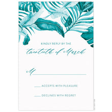 Load image into Gallery viewer, Turquoise, watercolor palm leaves on the top third of the card. Turquoise san serif and script reply copy centered under the leaves.