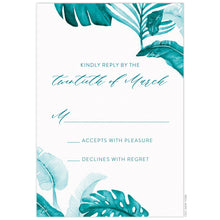 Load image into Gallery viewer, Turquoise, watercolor palm leaves on the top right corner and bottom left corner. Turquoise script and san serif reply copy centered between the palm fronds.