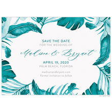 Load image into Gallery viewer, Turquoise watercolor palm leaves on the border of the white card. Turquoise and grey copy centered on the card.