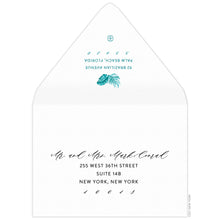 Load image into Gallery viewer, Turquoise watercolor palm leaves with return address centered underneath on the back flap. Black script and san serif address on the font.