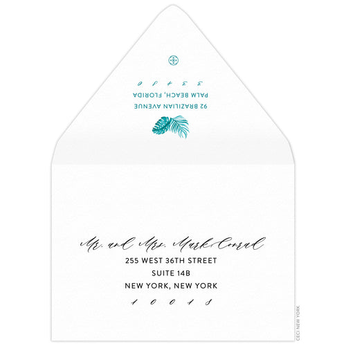 Turquoise watercolor palm leaves with return address centered underneath on the back flap. Black script and san serif address on the font.