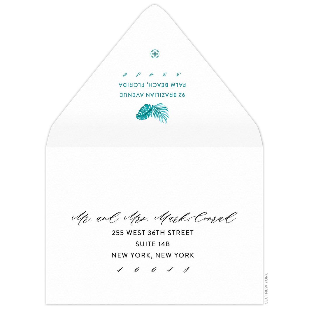 Turquoise watercolor palm leaves with return address centered underneath on the back flap. Black script and san serif address on the font.