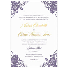 Load image into Gallery viewer, a white paper invitation with purple baroque flowers on the corners and gold script and purple block font