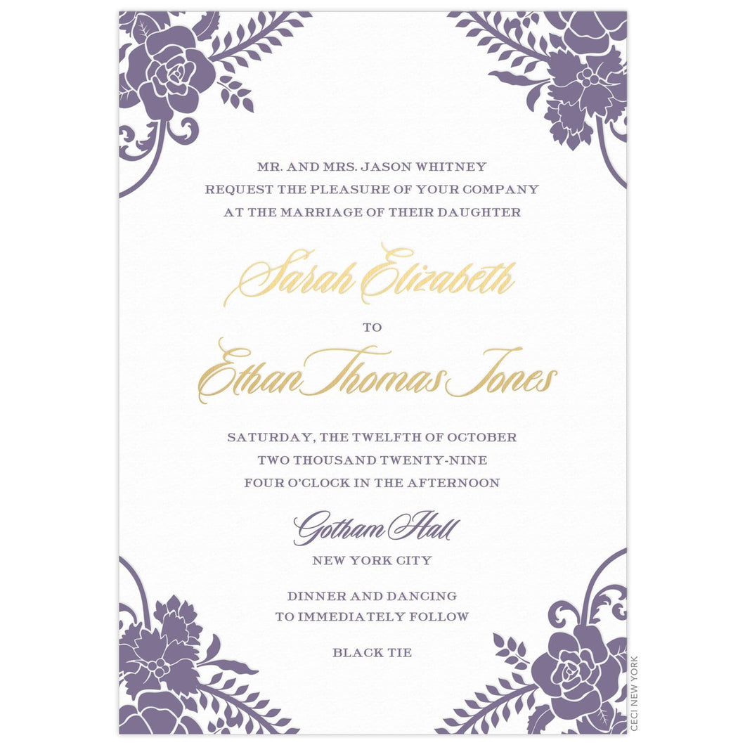 a white paper invitation with purple baroque flowers on the corners and gold script and purple block font