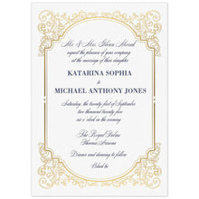 Load image into Gallery viewer, White invitation with gold scroll border, navy script writing and block font names. 