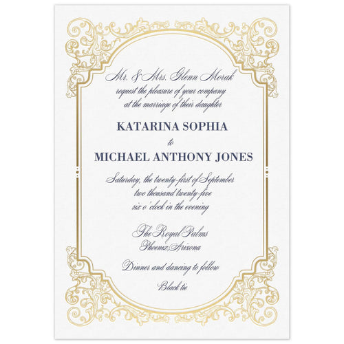 White invitation with gold scroll border, navy script writing and block font names. 