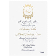 Load image into Gallery viewer, a white paper invitation with baroque gold circular crest and initials at the top and script black and gold font